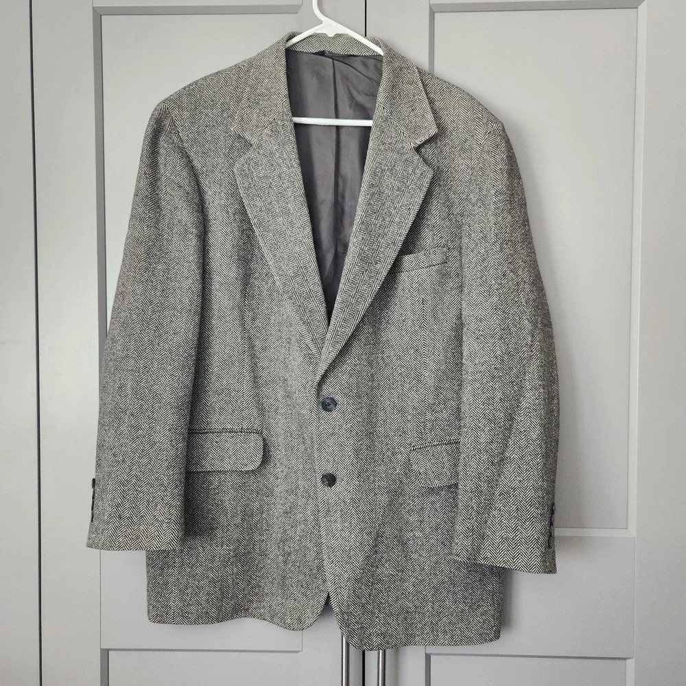 Tweed Herringbone 100% Wool Blazer Jacket 43L 43 Nordstrom Mens Black Sport Coat